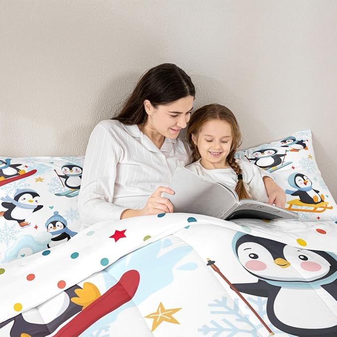 Cute Cartoon Skiing Penguin Twin Size Comforter Set for All Seasons,Winter Snowflake New Year Bedding Set Teens Bedroom Decor,Merry Christmas Theme Comforter Inner Fill with 1 Pillowcase