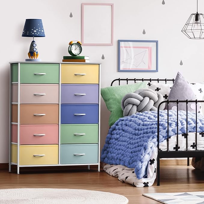 Sorbus Kids Dresser with 10 Drawers - Storage Unit Organizer Chest for Clothes - Bedroom, Kids Room, Nursery, & Closet - Steel Frame, Wood Top & Handles, and Easy Pull Fabric Bins