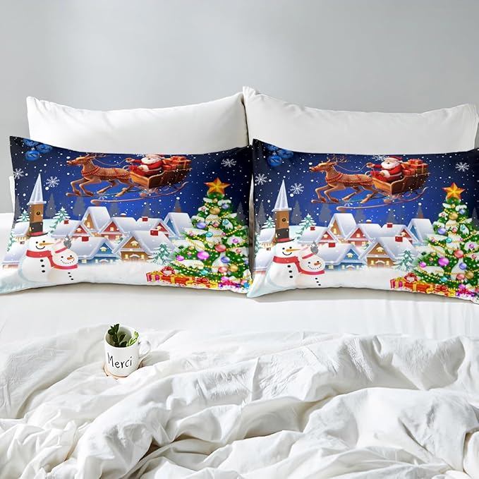 Manfei Christmas Duvet Cover Set Twin Size, Snowman Xmas Tree Santa Claus Bedding Set 2pcs, Reversible Winter Snow Cabin Holiday New Year Quilt Cover with Zipper Closure, 1 Pillowcase, No Comforter