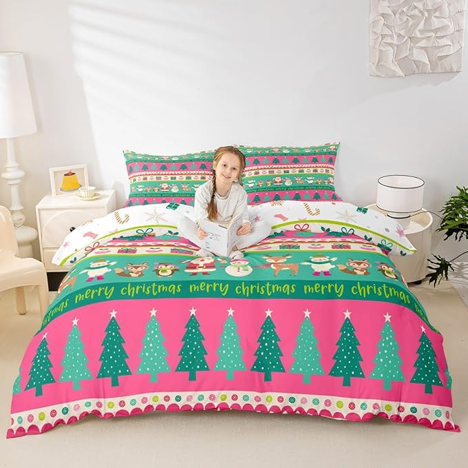 Christmas Bedding Set Cute Snowman Santa Claus Deer Comforter Cover for Kids Christmas Tree Xmas Theme Duvet Cover Breathable Pink Geometric Stripes Bedspread Cover Room Decor Quilt Cover Full Size