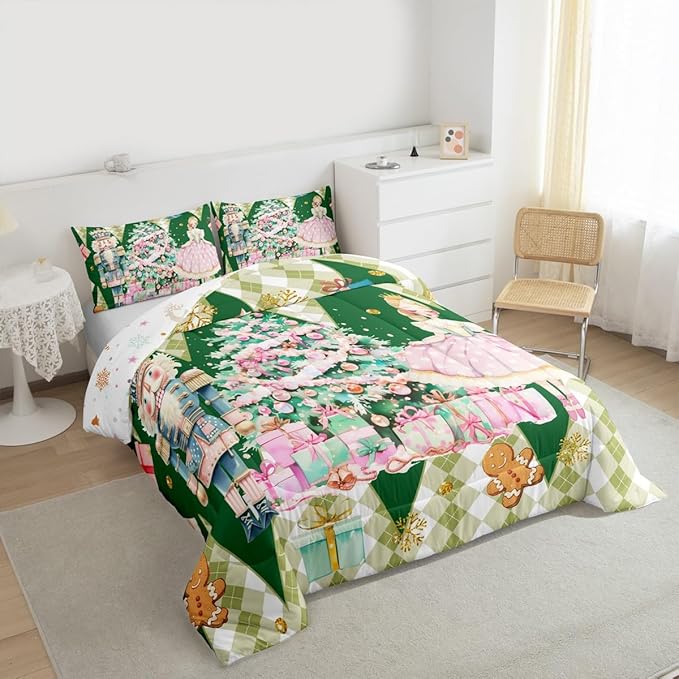 jejeloiu Christmas Nutcracker Comforter Set Toddler Size Gingerbread Man Bedding Set for Kids Boys Girls Xmas Tree Duvet Quilt Green Bedroom Decor