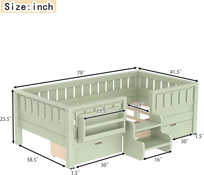 Bellemave Twin Bed with Slats and Stairs, Twin Size Platform Bed Frame with Fence, Bookshelf and Storage Drawers, Easy Assemble Beds for Kids, Girls, Boys, Green