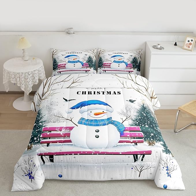 Feelyou Merry Christmas Bedding Set Soft for Boys Girls, Cute Snowman Comforter Set King Size Snowflake Duvet Quilt Microfiber Christmas Tree Bedroom Decor 3 Pcs with 2 Pillow Cases