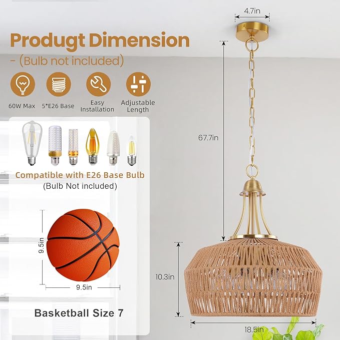 18.5'' Rattan Chandeliers for Dining Room, 5-Light Boho Pendant Light, Hand Woven Lampshade for Kitchen Island, Bedroom, Living Room, Height Adjustable