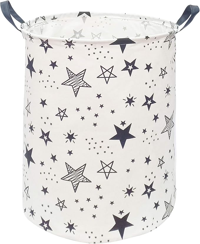 KUNRO Round Laundry Gift Basket Storage Hamper, Kids Toys and Clothes Storage Organizer Bins, Toy Shelf Basket with Handles for Room Decor (Black Star)