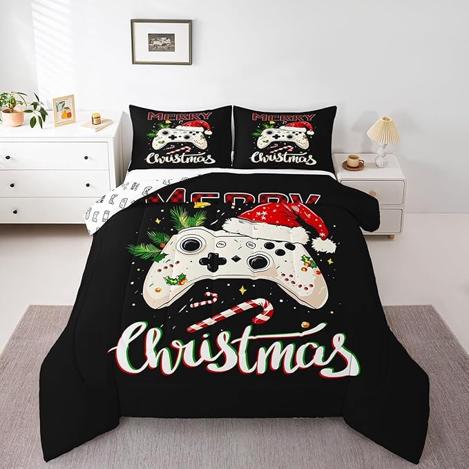 Gamepad Xmas Theme Comforter Set Twin Size,Santa Claus Video Games Bedding Set for Kids Boys Girls Room Decor,Merry Christmas Quilt Set 2Pcs,Gaming Controller Black Duvet Insert,1 Pillowcase
