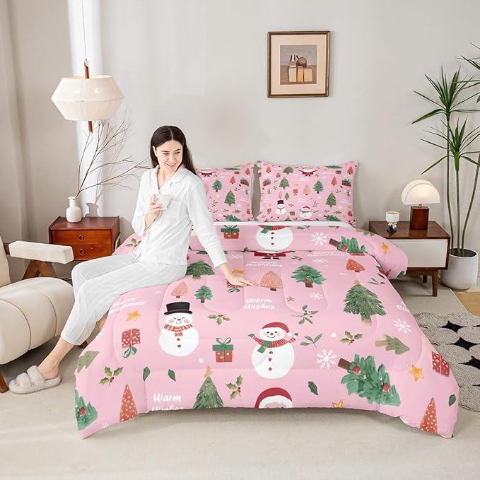 Feelyou Pink Christmas Comforter Set Queen Size Snowman Bedding Set for Kids Boys Girls Xmas Tree Duvet Quilt Bedroom Decor Microfiber 3 Pcs with 2 Pillow Cases