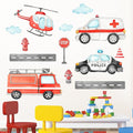 Mfault Vehicles Transportation Wall Decals Stickers, Helicopter Ambulance Fire Truck Police Car Nursery Decorations Boys Bedroom Art, Stop Roadblock Hydrant Cloud Toddlers Kids Room Playroom Decor