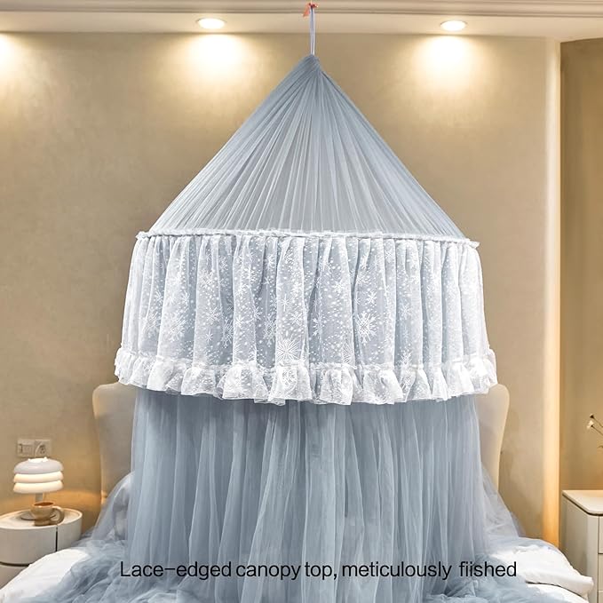 AIKASY Princess Bed Canopy for Girls – Double Layer Sheer Mesh Dome with Romantic Lace Trim, Dreamy Mosquito Net Tent for Twin/Full/Queen/King Beds(Lightgrey)