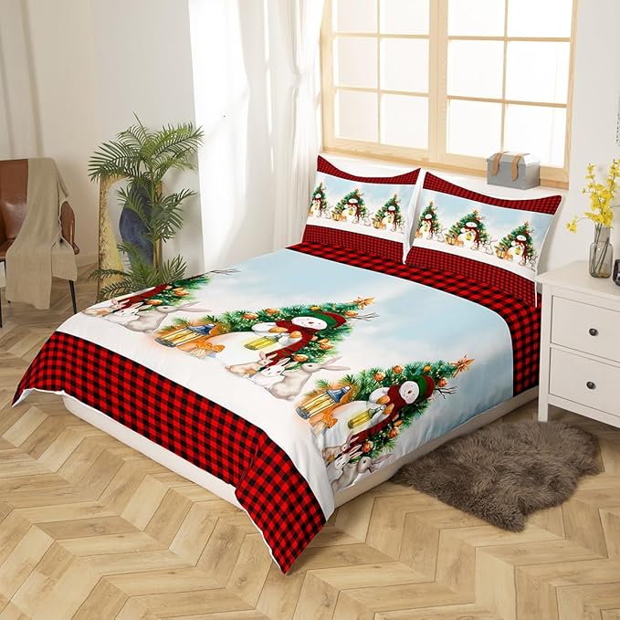 Manfei Red Plaid Duvet Cover Set Queen Size, Snowman and Xmas Tree Print Bedding Set 3pcs for Kids Boys Girls Bedroom Decor, Christmas Theme Comforter Cover with 2 Pillowcases,No Comforter