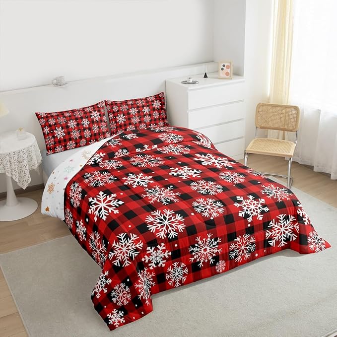 Feelyou Christmas Comforter Set Full Size Red Black Plaid Bedding Set for Kids Boys Girls Winter Snow Duvet Quilt Snowflake Red Bedroom Decor Microfiber 3 Pcs with 2 Pillow Cases