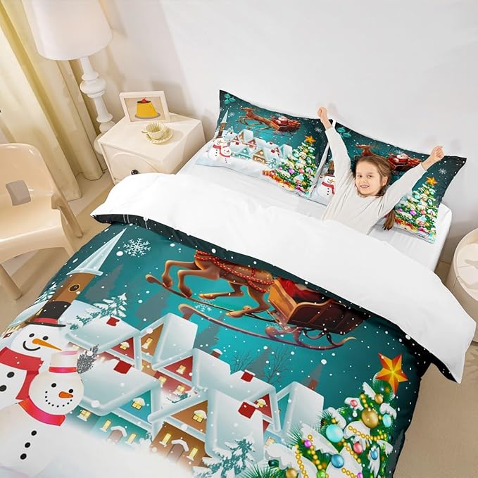 Manfei Christmas Duvet Cover Set Twin Size, Xmas Tree Snowman Bedding Set for Kids Boys Girls, Santa Claus with Reindeer Comforter Cover New Year Theme Quilt Cover with 1 Pillowcase, No Comforter