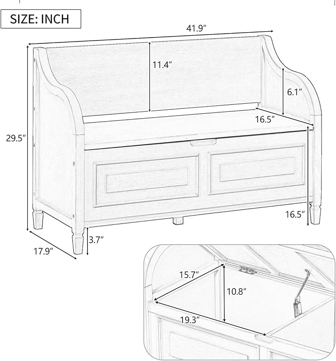 Merax Storage Bench, 41.9” Solid Wood Storage Chest with Backrest and Safety Hinge, Large Storage Space Bench with Upholstered Cushions,Supports 250 lb and Easy Assembly for Small Space, Brown