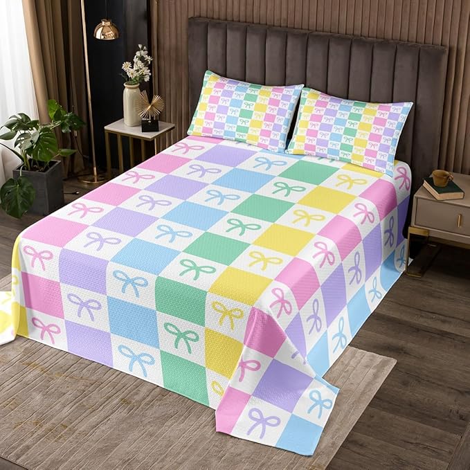 Manfei Cartoon Bowknot Kids Bedspread Twin Size,Colorful Geometric Grids Plaids Coverlet Set,Girls Women Room Decor,Cute Bow Tie Princess Dreamy Quilted Coverlet,Simple Bedding Quilt,1 Pillowcase