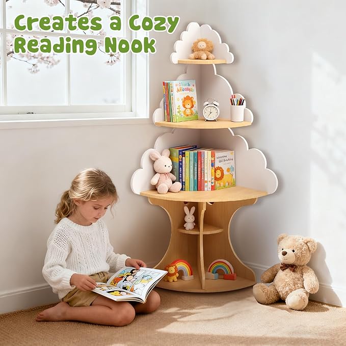 Bookshelf for Kids, Children Cloud-Bookshelf, Space-Saving Montessori Toddler Corner Bookcase for Nursery, Classroom, Kindergarten, Kids Rooms