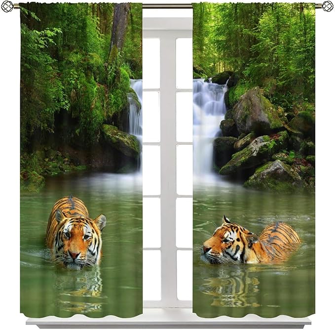 Forest Waterfall Landscape Blackout Window Curtains, Animals Tigers Waterfall Woodland Natural Window Drapes, for Living Room Bedroom 84" W X 84" L