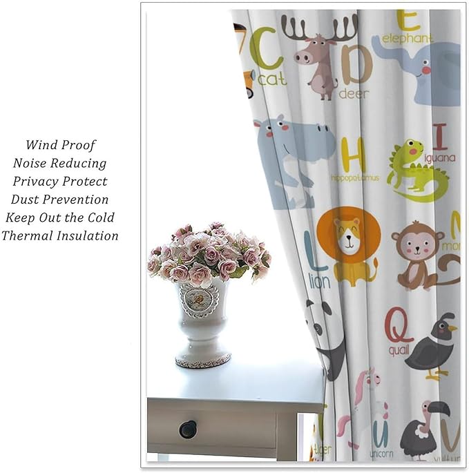 Kids Alphabet Curtains Funny Cartoon Educational Learning Cute Animal Zebra Curtain with Rod Pocket for Bedroom Living Room Decor Drapes Window Treatments 2 Panels Set 63" W X 63" L