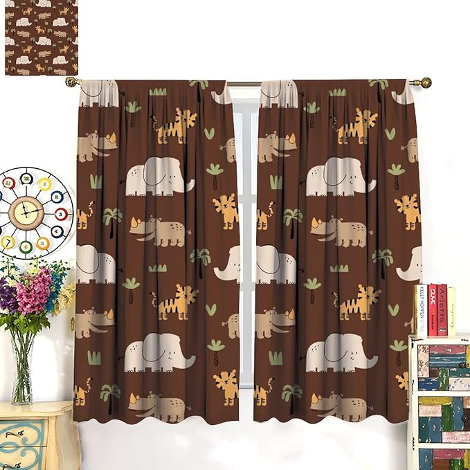Jungle Safari Animals Blackout Curtains Cartoon Tropical Forest Animals Elephant Tiger Brown Art Print for Kids Boys Bedroom Nursery Rod Pocket Decoration Window Drapes 2 Panels W42xL84in