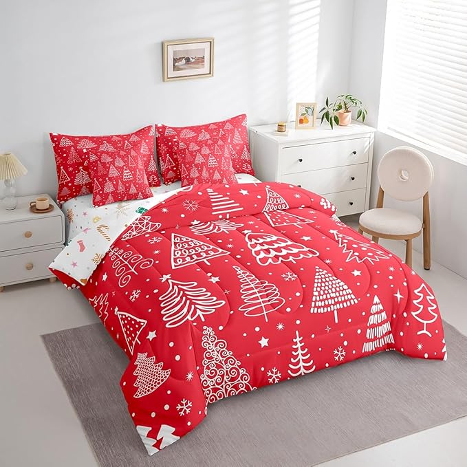 Feelyou Merry Christmas Bed Set Xmas Tree Cute Comforter Set with Sheets Red Chic Bed in a Bag Kawaii Stars Cartoon Bedding Set Bedroom Collection King Size