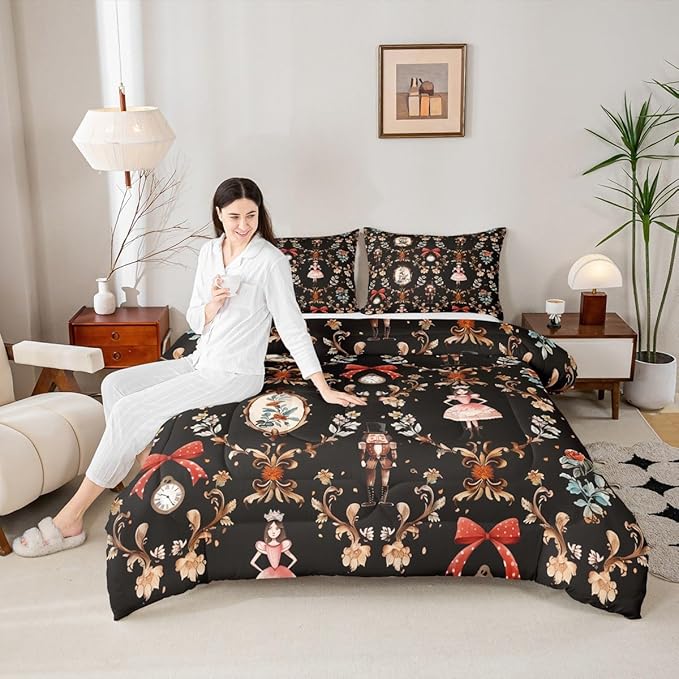 Feelyou Christmas Kids Comforter Set Twin Size Nutcracker Bedding Set Soldier Royal Guarder Princess Duvet Quilt for Kids Boys Girls Bedroom Flower Bow Decor Microfiber Ultra Soft Breathable