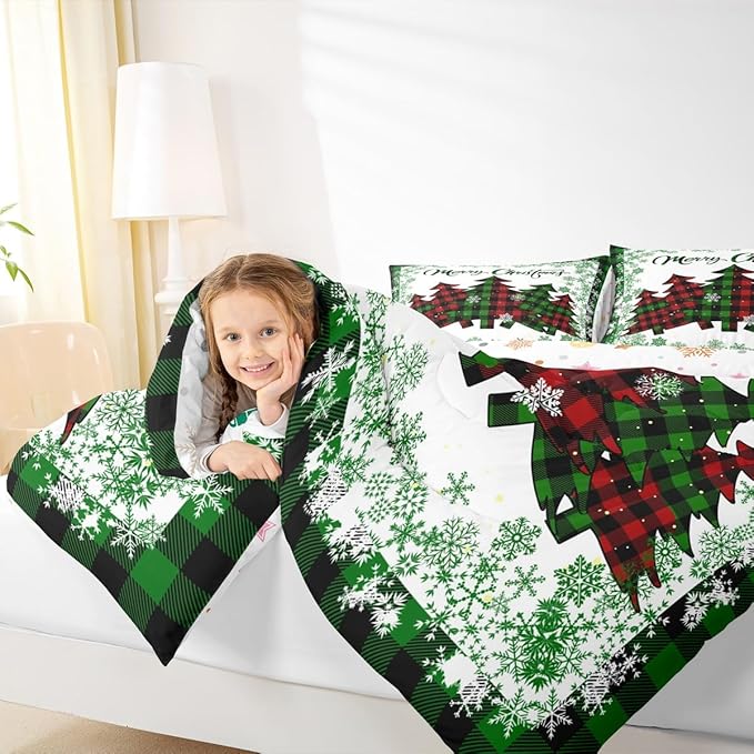 Castle Fairy Christmas Comforter Set Twin Size,Pine Trees Green Snowflake Glitter Shiny Bedding Set for Kids Boys Men,Winter Festival Plaid Checkered Quilted Duvet Set with 1 Pillowcase