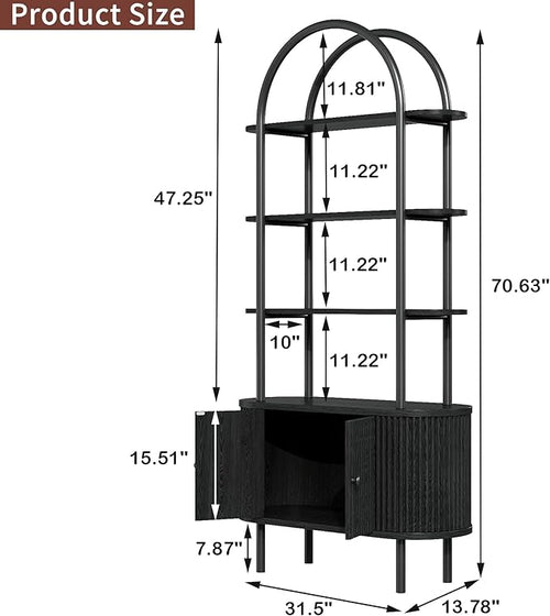 71" Tall Bookshelf, Bookcase, 4-Tier Book Shelf with Storage Cabinet, Curved Metal Frame Bookcase, Freestanding Industrial Storage Display Shelving for Living Room Office Bedroom, Black
