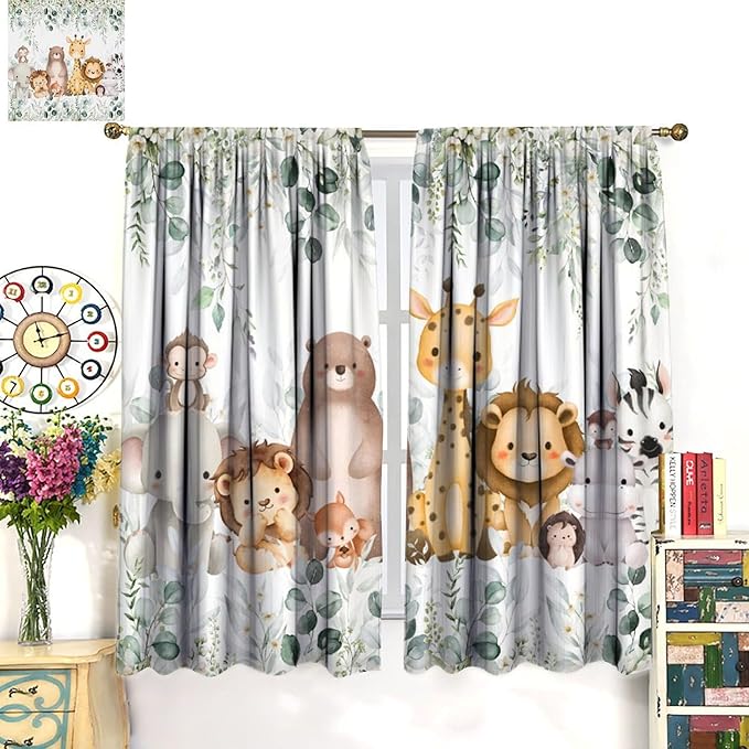 Kids Safari Animal Curtains Woodland Wildlife Jungle Animals Blackout Window Treatments for Boys Girls Bedroom Cute Cartoon Lion Nursery Children Drapes for Living Room W63xL72