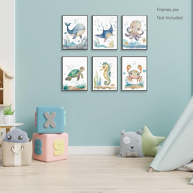 Wodkwq Nursery Wall Art Sea Animal Canvas Prints Baby Girl Boy Room Decor Watercolor Paintings Pictures Cute Ocean Theme Toddler Room Decoration Set of 6 for Kids Bedroom Bathroom 8x10in Unframed