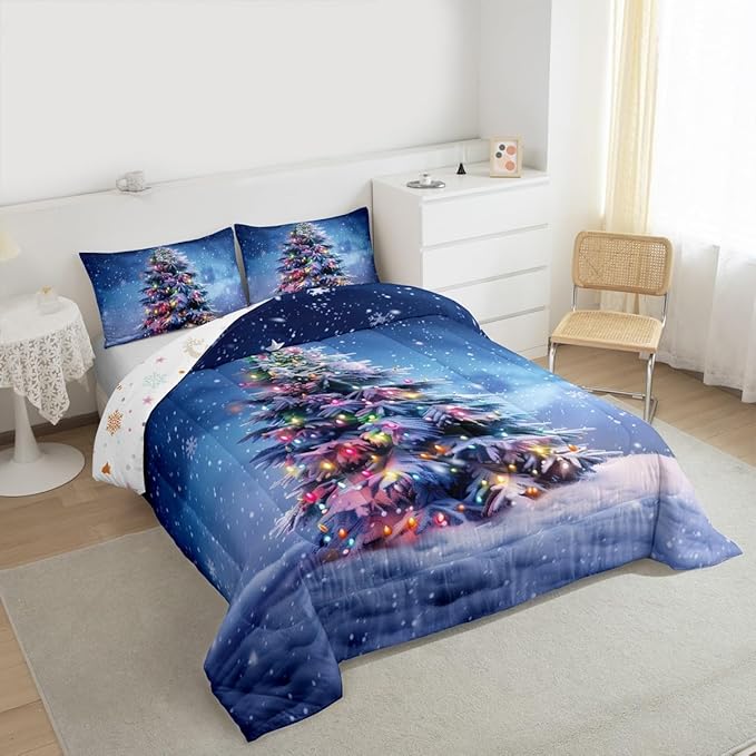 Feelyou Christmas Comforter Set All Season Xmas Tree Bedding Set with 2 Pillow Cases Colored Light Strips Microfiber Kids King Bedclothes Snowflake Bedroom Decor Duvet Quilt Breathable Soft