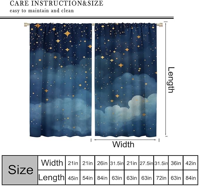 Night Sky Stars Curtain for Kids, Blue Starry Space Galaxy Pattern Window Treatments for Boys Girls Bedroom Toddlers Room Living Room 52" W X 84" L