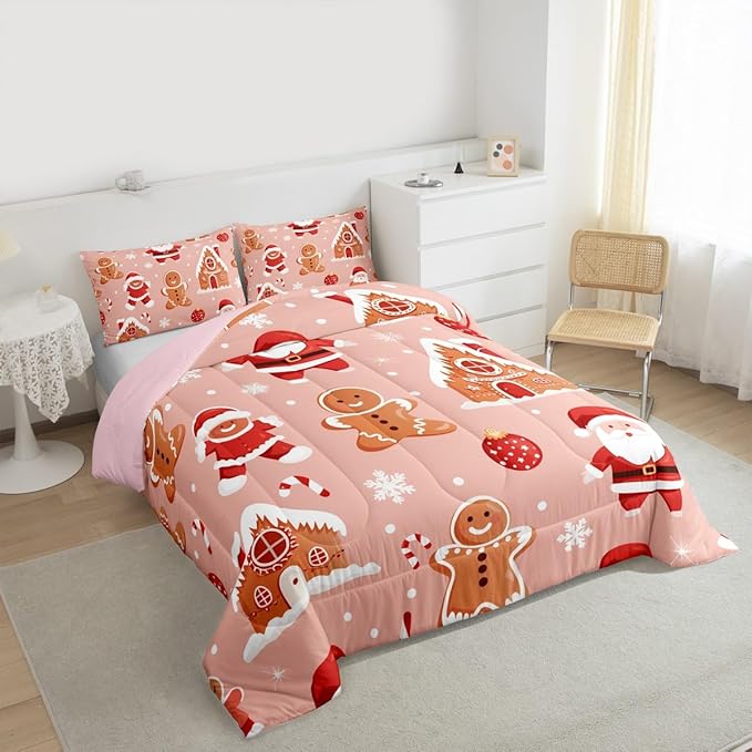 Feelyou Christmas Kids Comforter Set Queen Size Santa Bedding Set Gingerbread Man Duvet Quilt for Kids Boys Girls Bedroom Snowflake Decor Microfiber Ultra Soft Breathable