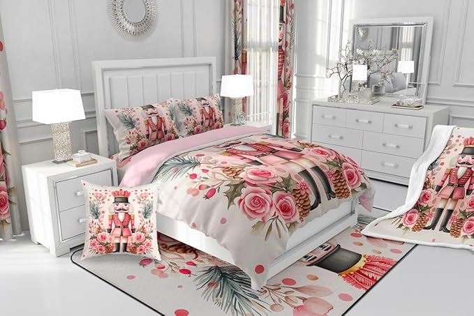 Feelyou Christmas Decor Nutcrackers Comforter Set All Season Pink Christmas Bedding Set with 1 Pillow Cases Funny Nutcracker Kids Toddler Bedclothes Rose Decor Berries Duvet Quilt Soft Lightweight