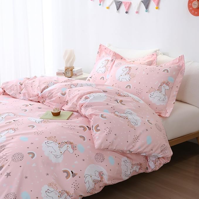 JSD Pink Unicorn Kids Duvet Cover Set Full Size, 3 Piece Girls Printed Microfiber Bedding Comforter Cover with Pillow Shams Zipper Closure, Comforter Not Included