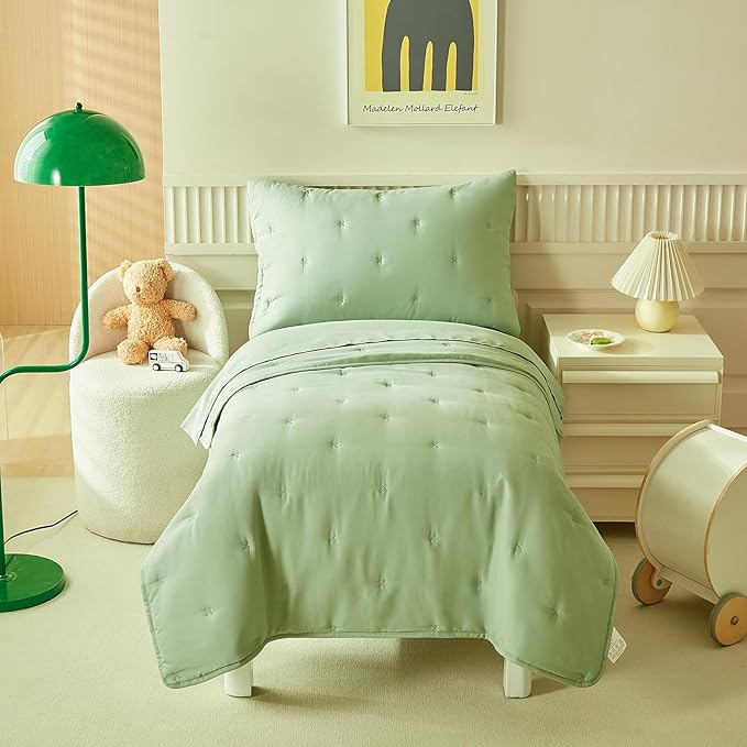 DuShow Green 4 Piece Toddler Bedding Set for Boys Girls,Embroidery Microfiber Crib Bed Sheets Set Soft Boho Comforter Set Bed in a Bag,Include Quilted Comforter,Flat Sheet,Fitted Sheet,Pillowcase