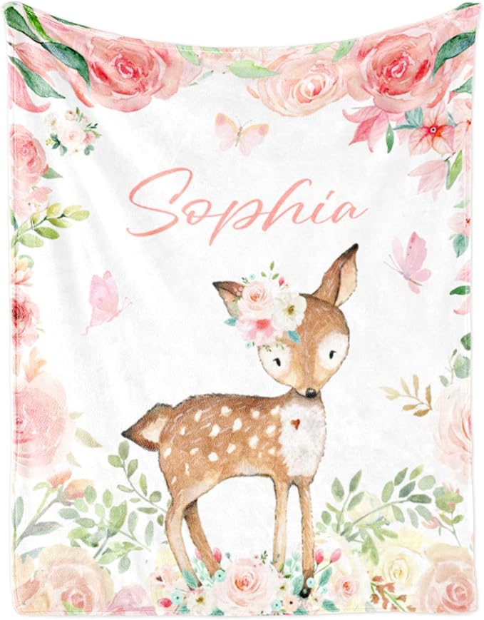 Personalized Deer Baby Blanket for Girl, Custom Name Blanket for Newborn Girl, Soft Flannel Toddler Blanket Customized Gift for Birthday Christmas Baby Shower 30" X 40"