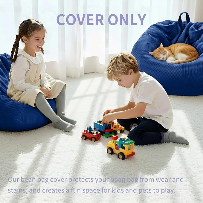 Nobildonna 3 ft Bean Bag Chair Cover (No Filler) 35"×43" Large Stuffed Animal Storage Bean Bag Washable Big Beanbag Chair Cover Premium Corduroy Stuffable Bean Bag Cover for Adults,Kids,Blue 300L