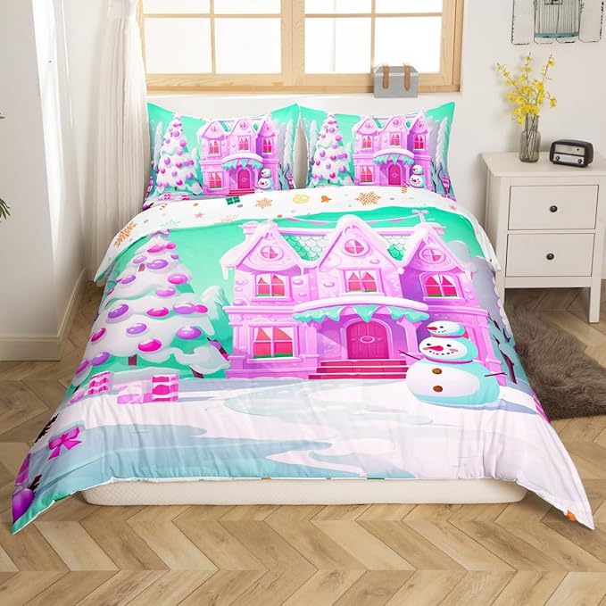 Feelyou Merry Christmas Comforter Cover Set Christmas Tree Snowman Duvet Cover Set for Kids Boys Girls Bedroom Bed Decor Xmas Christmas Purple Bedding Set King Size Soft Quilt Cover,No Comforter