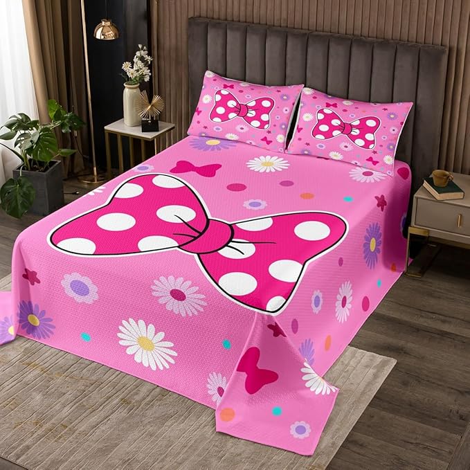 Manfei Pink Bowknot Kids Bedspread King Size,Daisy Flowers Geometric Dot Patchwork Coverlet Set,Girls Women Room Decor,Bow Tie Cute Princess Quilted Coverlet,Dreamy Chic Bedding Quilt,2 Pillowcases