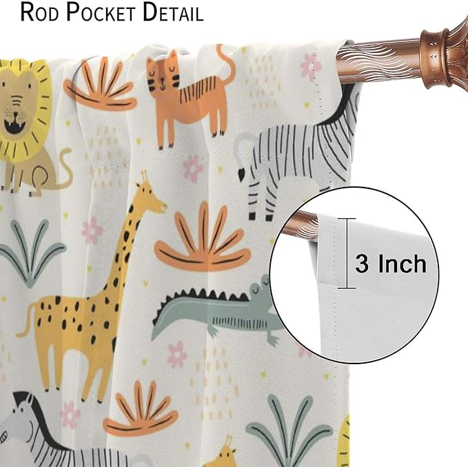 Wild Animals Curtains, Cute Cartoon Animals Zoo with Lion Zebra Crocodile Cat and Giraffe Tropical Jungle Plant Print Window Treatments for Kids Boys Girls Bedroom Living Room 52x84in
