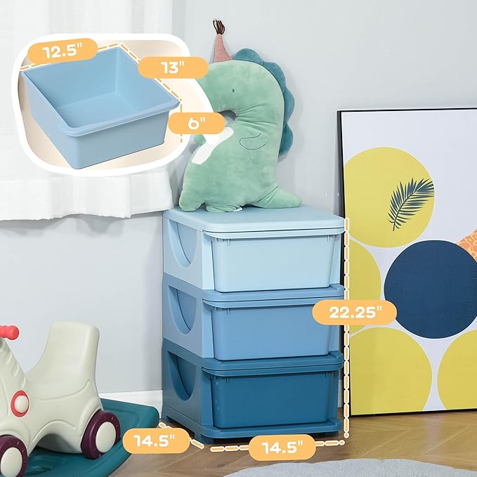 Qaba 3 Tier Kids Storage Unit, 3 Drawer Chest Toy Organizer Plastic Bins for Kids Bedroom Nursery Kindergarten Living Room for Boys Girls Toddlers, Blue