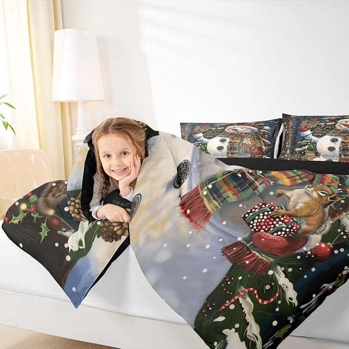 Feelyou Christmas Kids Comforter Set King Size Snowman Squirrel Bedding Set Snowflake Gift Duvet Quilt for Kids Boys Girls Bedroom Branch Berry Decor Microfiber Ultra Soft Breathable