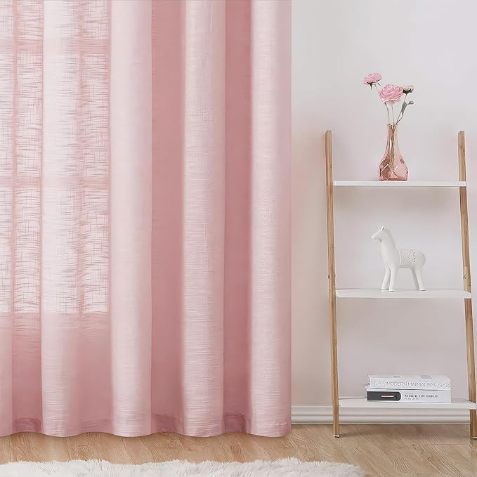 FMFUNCTEX Linen Semi Sheer Pink Curtains for Bedroom Living Room, Blush Pink Curtains 96 Inches Long Sheer Linen Textured Window Drapes Farmhouse Light Filtering 2 Panels Rod Pocket