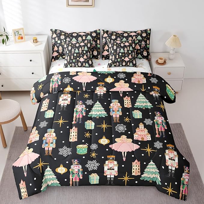 Erosebridal 7Pcs Black Christmas Comforter Set King Size,Nutcracker Bedding Set,Xmas Snowflake Stars Bed in A Bag,Romantic Princess Castle Quilt with Flat Fitted Sheet