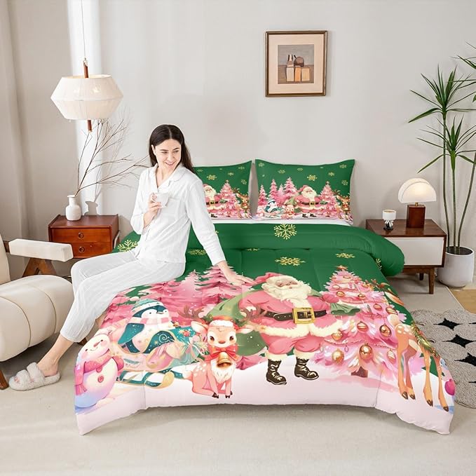 jejeloiu Merry Christmas Comforter Set Toddler Size Santa Claus Bedding Set for Kids Boys Girls Cute Deer Duvet Quilt Green Bedroom Decor