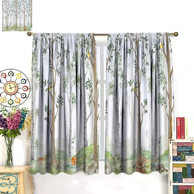 Kids Animal Curtains, Watercolor Natural Forest Animal Hedgehog Fox Butterfly Rabbits Forest Print Curtain Boys and Girl Bedrooms 84x84in