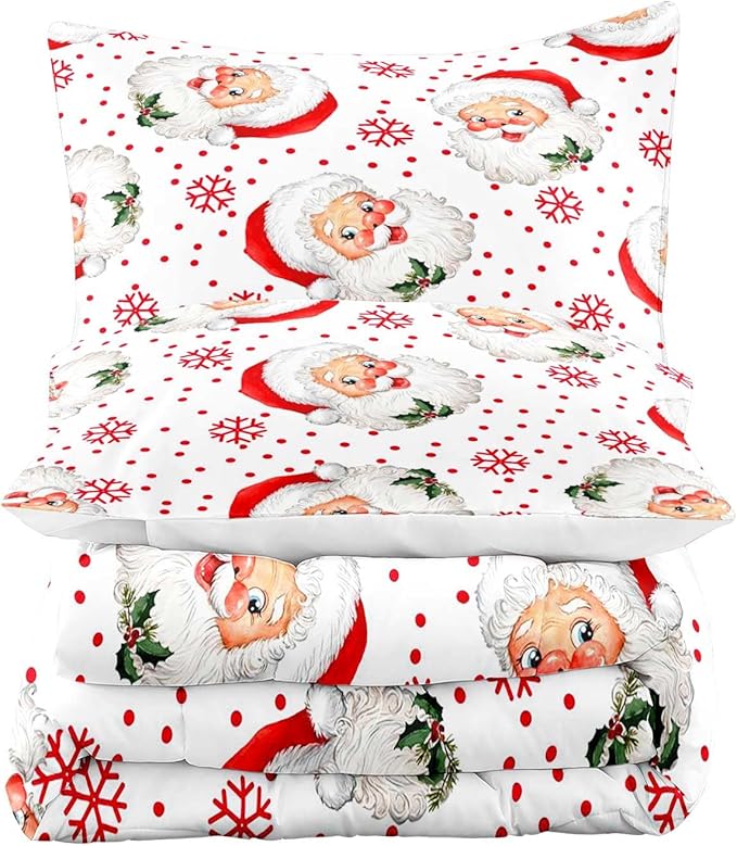 LUVIVIHOME 3PCS Merry Christmas Comforter Set King Size, Red Snowflake Funny Santa Claus Bedding, Christmas Bedroom Decor, Soft Breathable Microfiber White Quilt, Xmas Gifts, 2 Pillow Shams