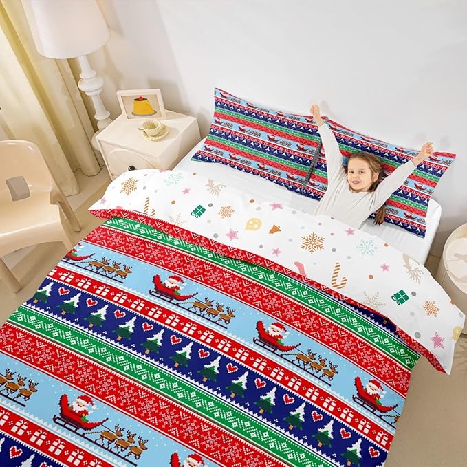 Christmas Duvet Cover Cartoon Santa Claus Deer Bedding Set for Kids Boys Girls Teens Room Decor Christmas Tree Comforter Cover Set Exotic Ethnic Pattern Bedspread Cover 2Pcs Zipper Toddler Size