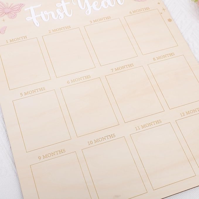 YOUAME My First Year Birthday Wooden Photo Board - Butterfly Themed First Year Milestone Photo Board, 12 Months Baby Girl Birthday Picture Wood Frame, Girls Pink Birthday Party Decorations