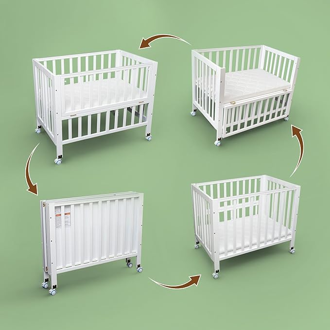 Portable Mini Baby Crib - Pine Wood Foldable 4-in-1 Baby Crib with Mattress,Portable Bedside Bassinet Sleeper,3 Adjustable-Height Baby Cribs for 0-18 Months,White