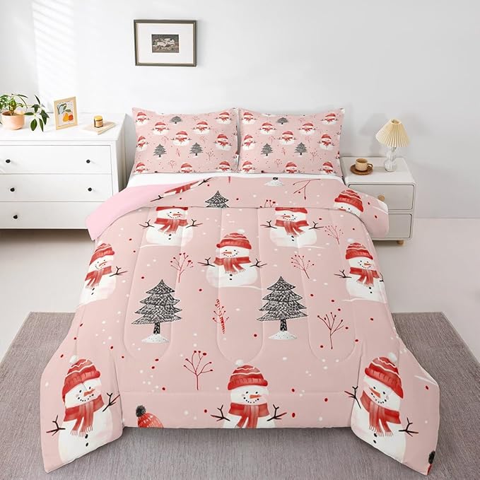 Feelyou Cute Snowman Bedding Set Soft for Boys Girls, Christmas Trees Comforter Set King Size Xmas Snowflake Duvet Quilt Microfiber Christmas Decor Bedroom Decor Holiday 3 Pcs with 2 Pillow Cases